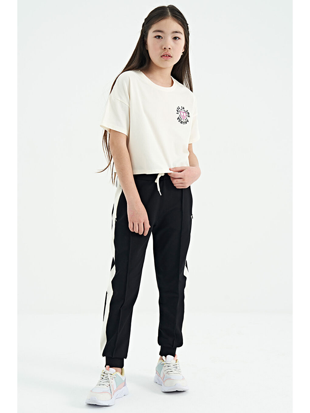 Ekru Ön Arka Baskılı O Yaka Düşük Omuz Oversize Kısa Kollu Kız Çocuk Tişört - 75126-3