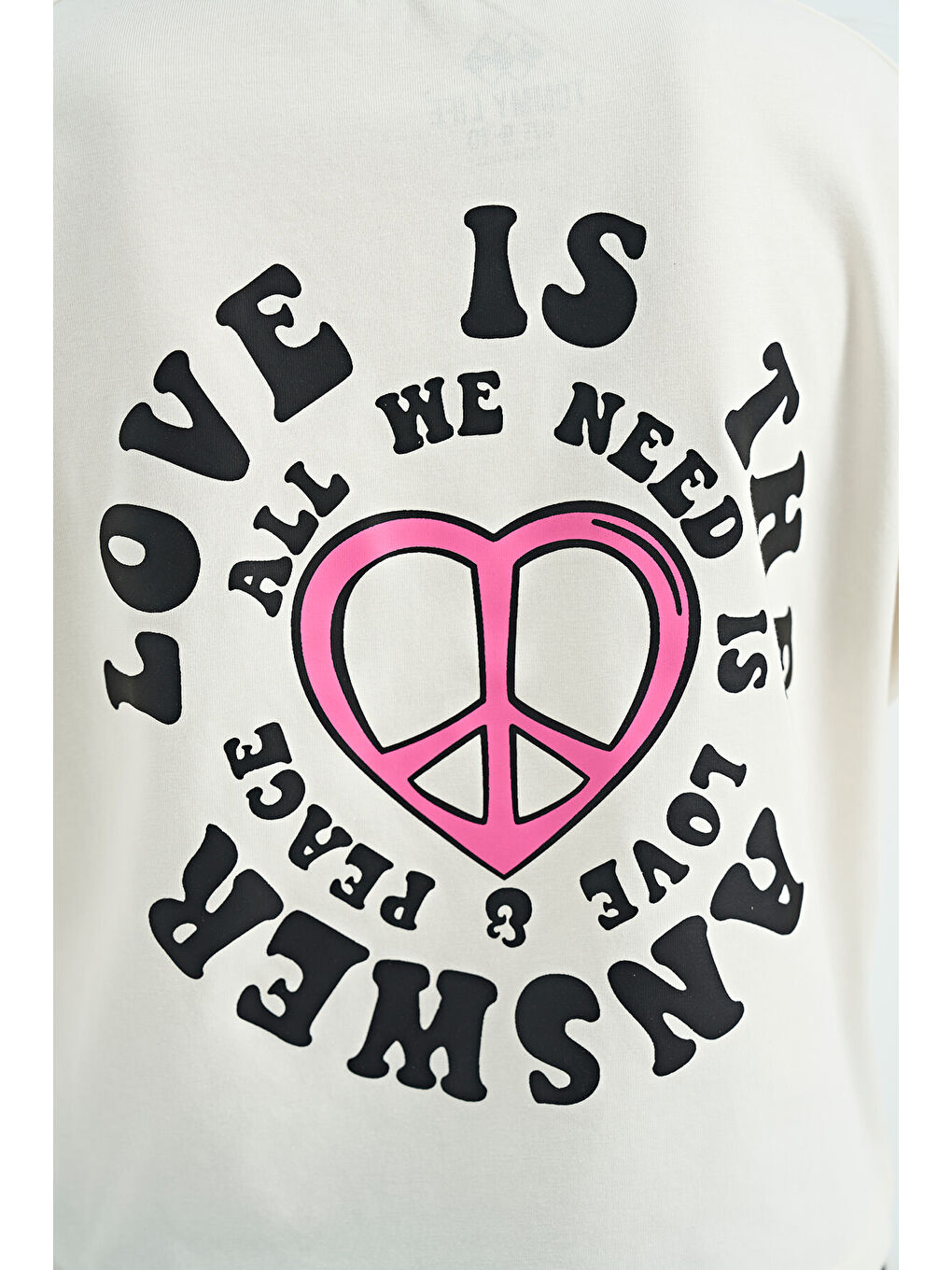 Ekru Ön Arka Baskılı O Yaka Düşük Omuz Oversize Kısa Kollu Kız Çocuk Tişört - 75126-4