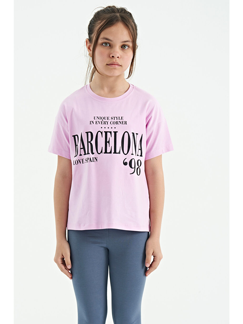 Pembe O Yaka Yazı Baskılı Düşük Omuz Oversize Kız Çocuk Tişört - 75115