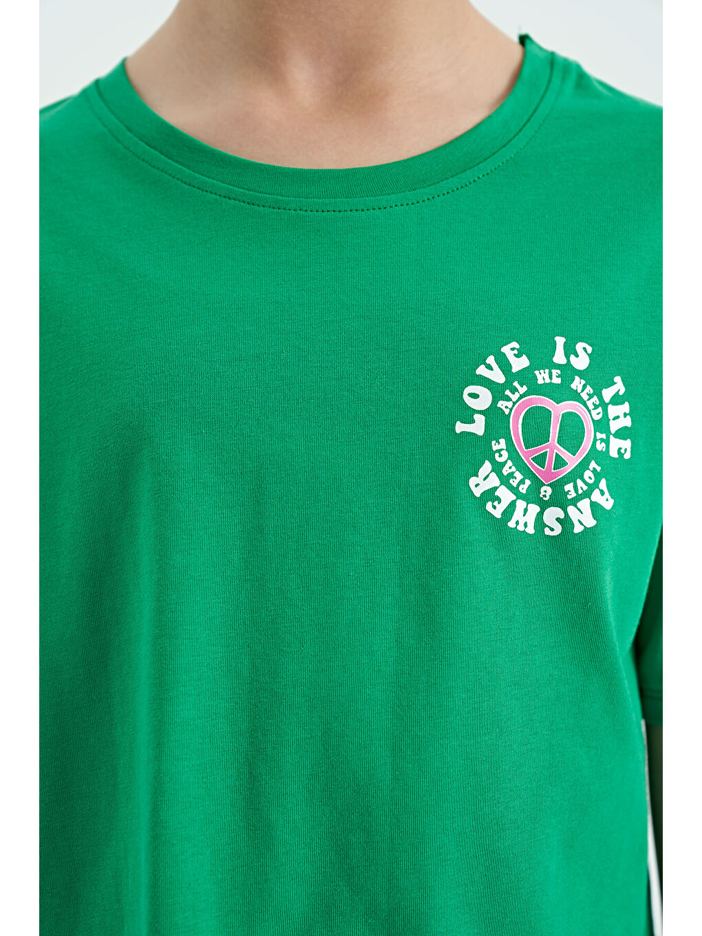 Yeşil Ön Arka Baskılı O Yaka Düşük Omuz Oversize Kısa Kollu Kız Çocuk Tişört - 75126-2