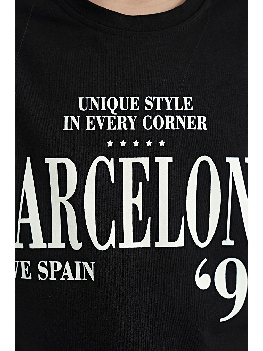 Siyah O Yaka Yazı Baskılı Düşük Omuz Oversize Kız Çocuk Tişört - 75115-2