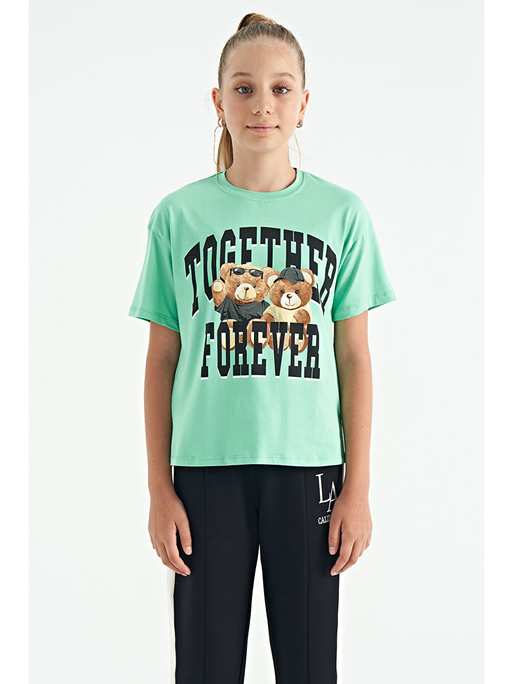 Turkuaz Su Yeşili Ayıcık Baskılı O Yaka Oversize Kısa Kol Kız Çocuk Tişört - 75116