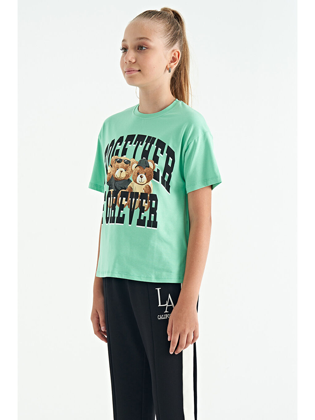 Turkuaz Su Yeşili Ayıcık Baskılı O Yaka Oversize Kısa Kol Kız Çocuk Tişört - 75116-1