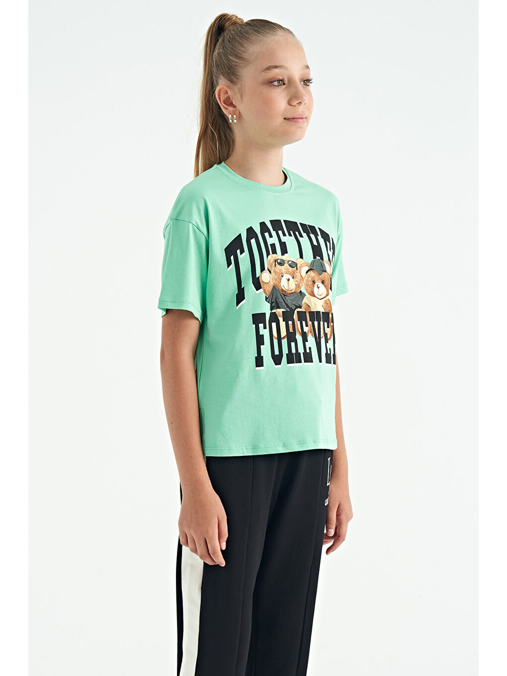 Turkuaz Su Yeşili Ayıcık Baskılı O Yaka Oversize Kısa Kol Kız Çocuk Tişört - 75116-2