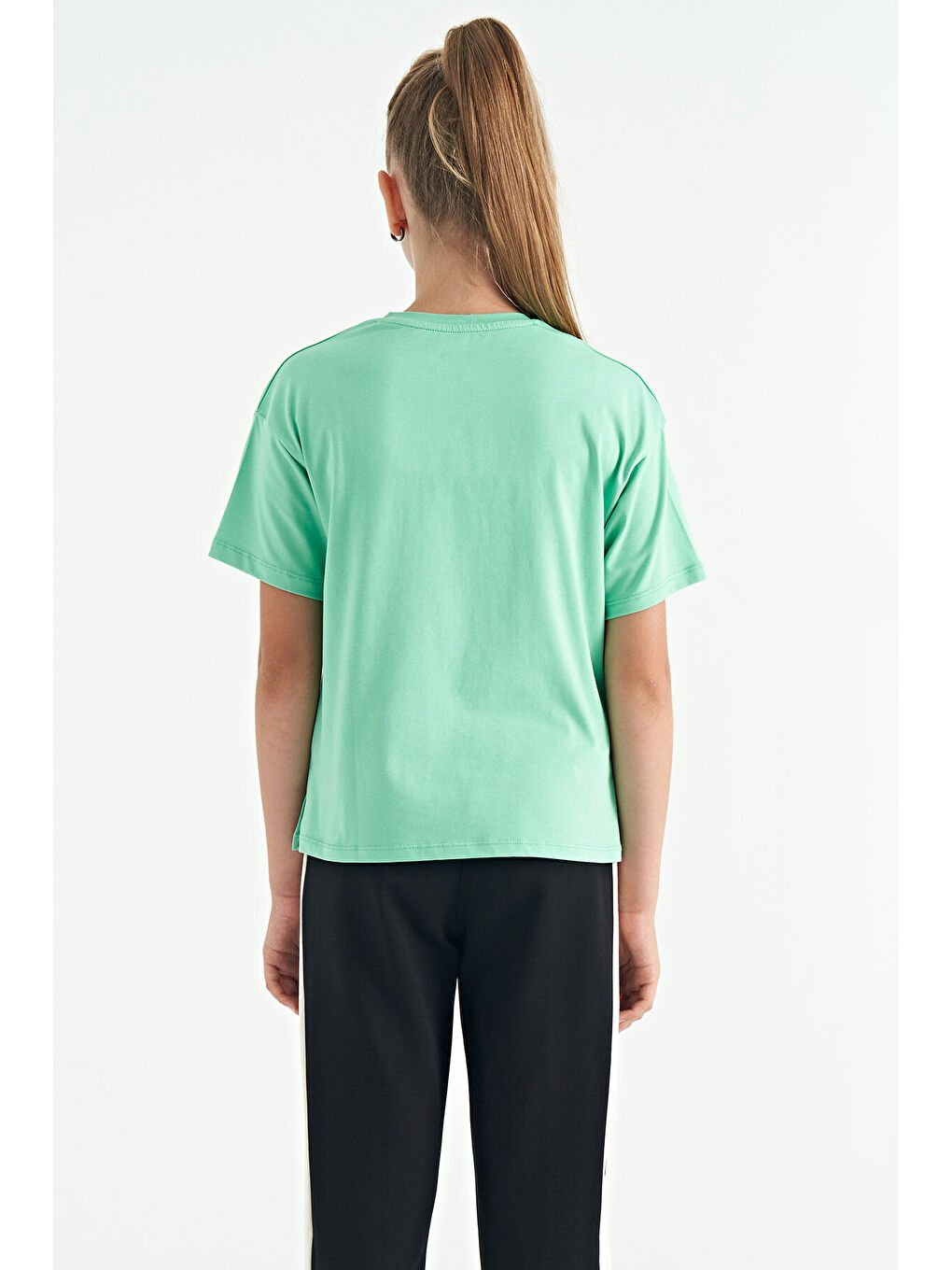 Turkuaz Su Yeşili Ayıcık Baskılı O Yaka Oversize Kısa Kol Kız Çocuk Tişört - 75116-4