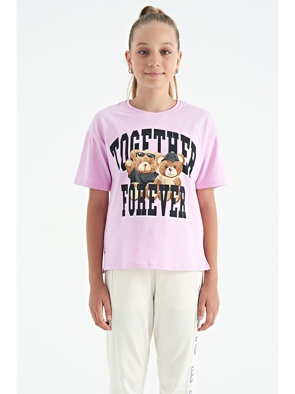 Pembe Ayıcık Baskılı O Yaka Oversize Kısa Kol Kız Çocuk Tişört - 75116