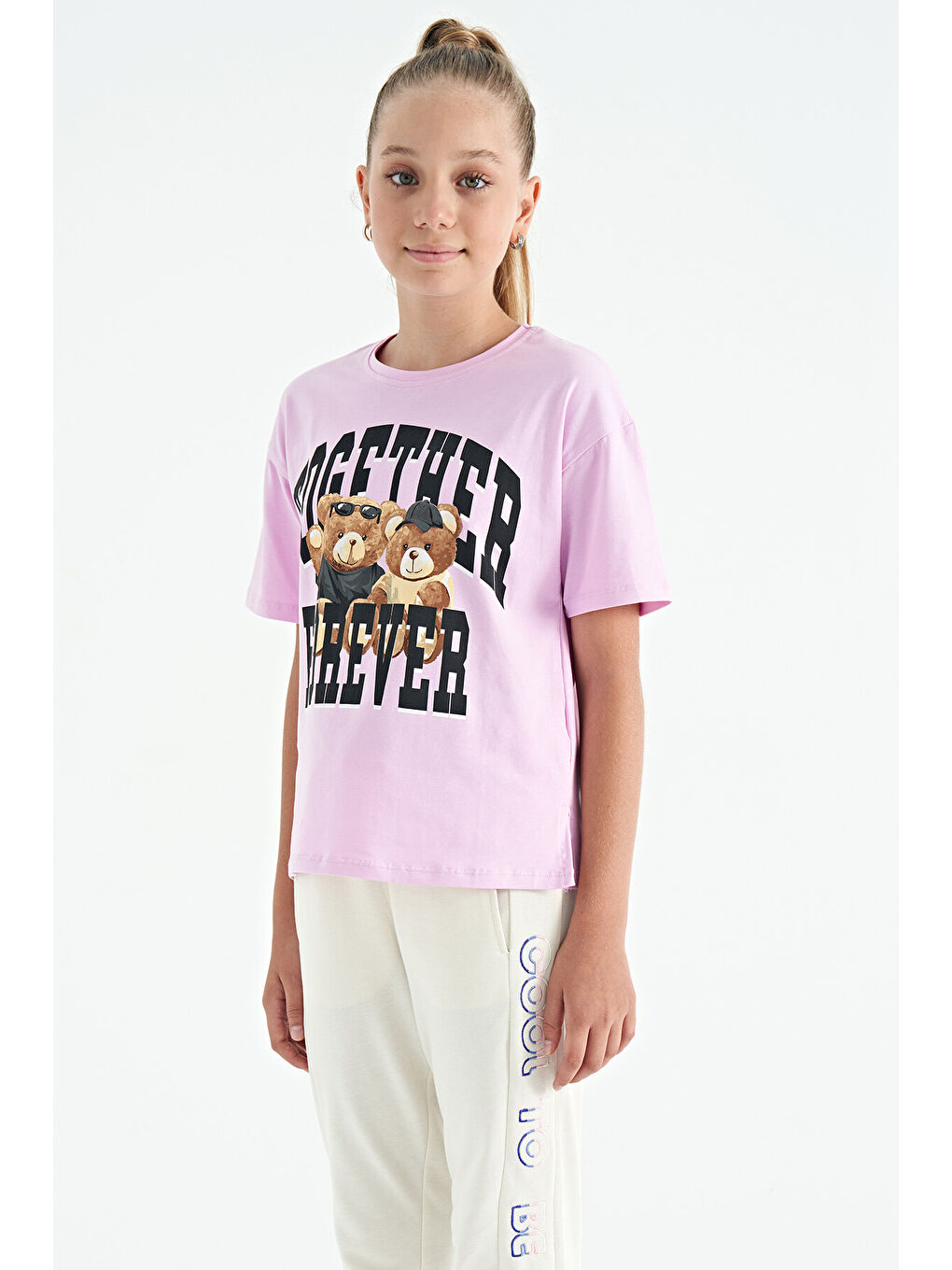 Pembe Ayıcık Baskılı O Yaka Oversize Kısa Kol Kız Çocuk Tişört - 75116-1