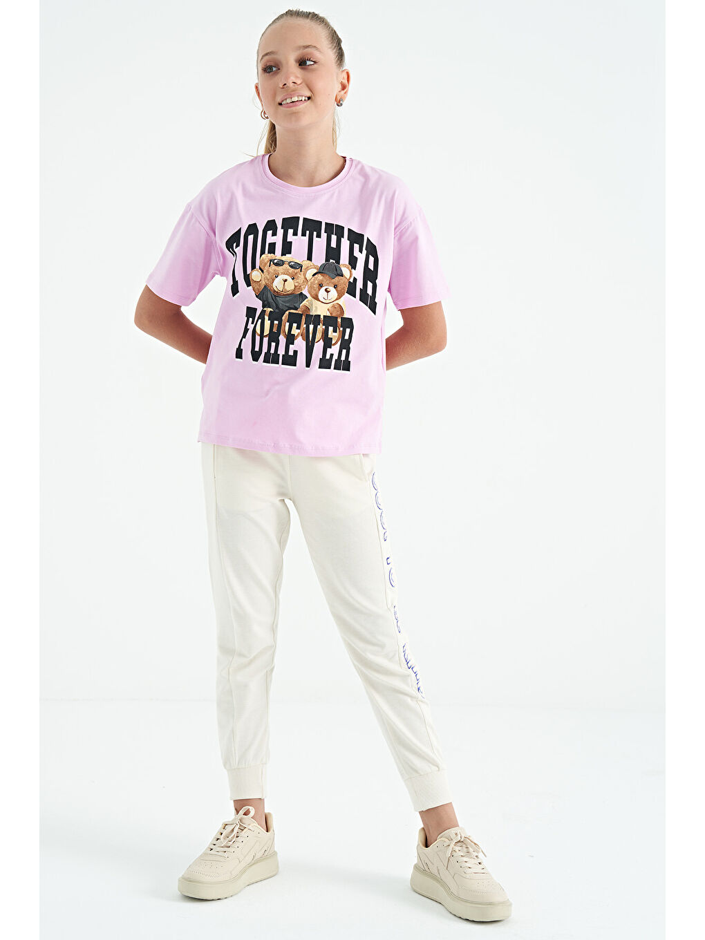 Pembe Ayıcık Baskılı O Yaka Oversize Kısa Kol Kız Çocuk Tişört - 75116-3