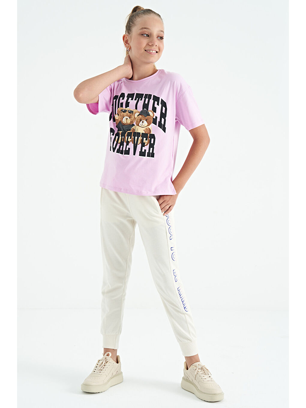 Pembe Ayıcık Baskılı O Yaka Oversize Kısa Kol Kız Çocuk Tişört - 75116-4