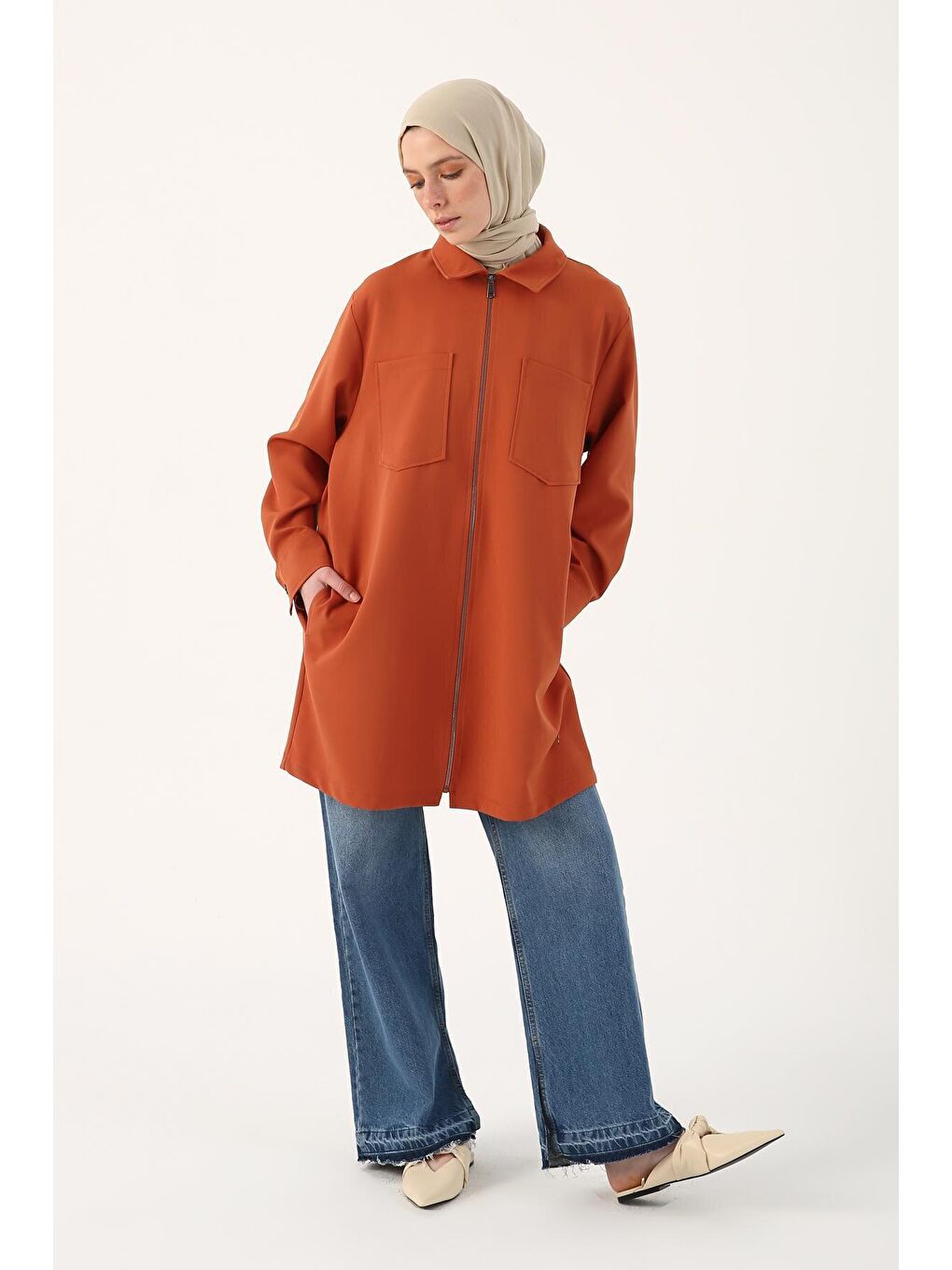 Kahverengi Yeni Kiremit Büyük Cepli Fermuarlı Rahat Kalıp Ferace-1