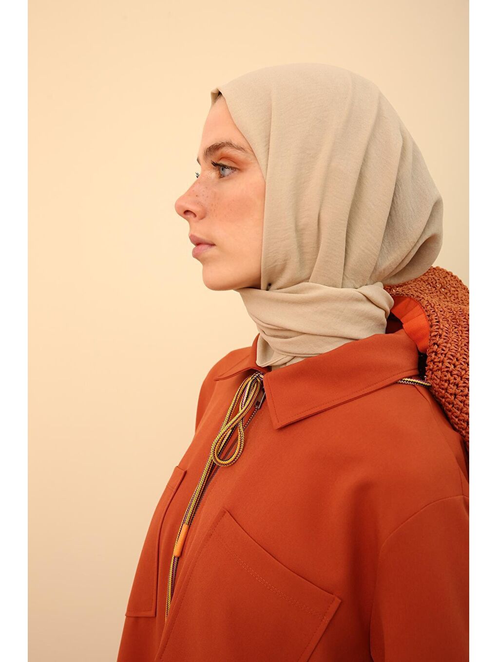 Kahverengi Yeni Kiremit Büyük Cepli Fermuarlı Rahat Kalıp Ferace-4