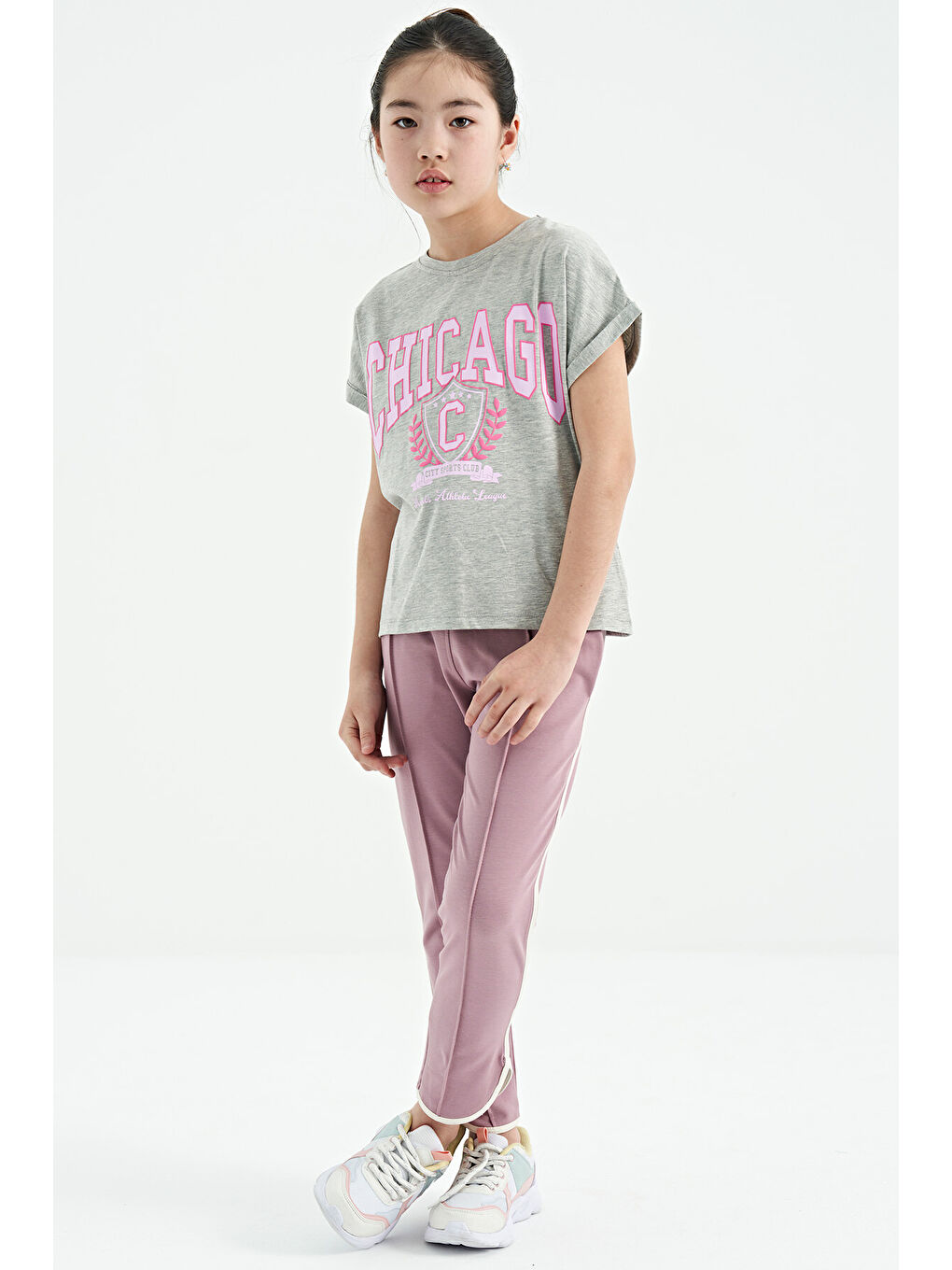 Gri Melanj O Yaka Düşük Omuzlu Rahat Form Kısa Kollu Kız Çocuk Tişört - 75128-3