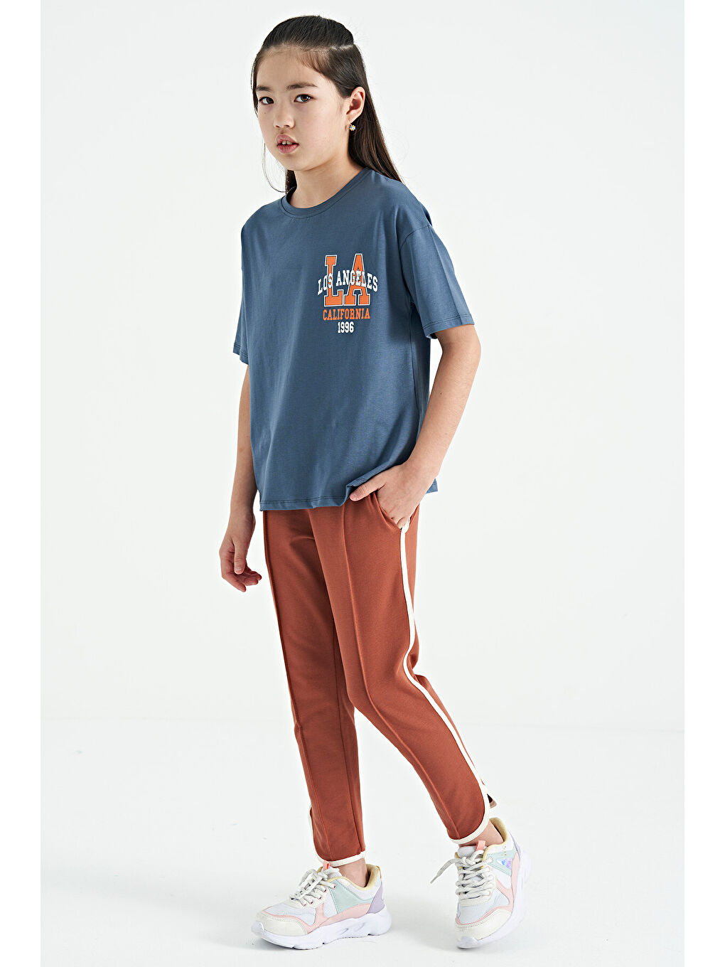 Petrol Ön Arka Baskılı O Yaka Oversize Kısa Kollu Kız Çocuk Tişört - 75127-3