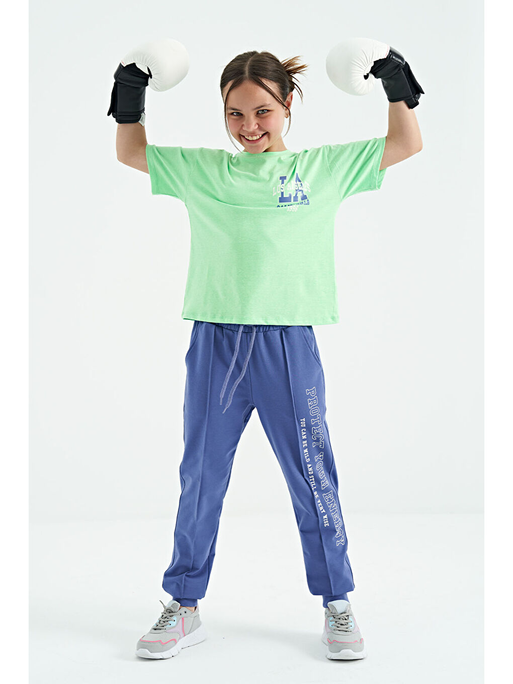 Neon Yeşil Ön Arka Baskılı O Yaka Oversize Kısa Kollu Kız Çocuk Tişört - 75127