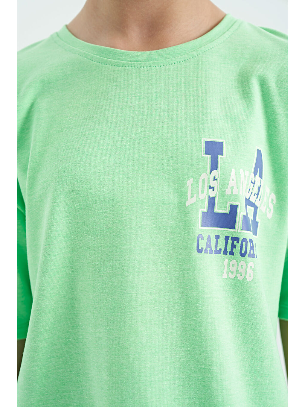 Neon Yeşil Ön Arka Baskılı O Yaka Oversize Kısa Kollu Kız Çocuk Tişört - 75127-2