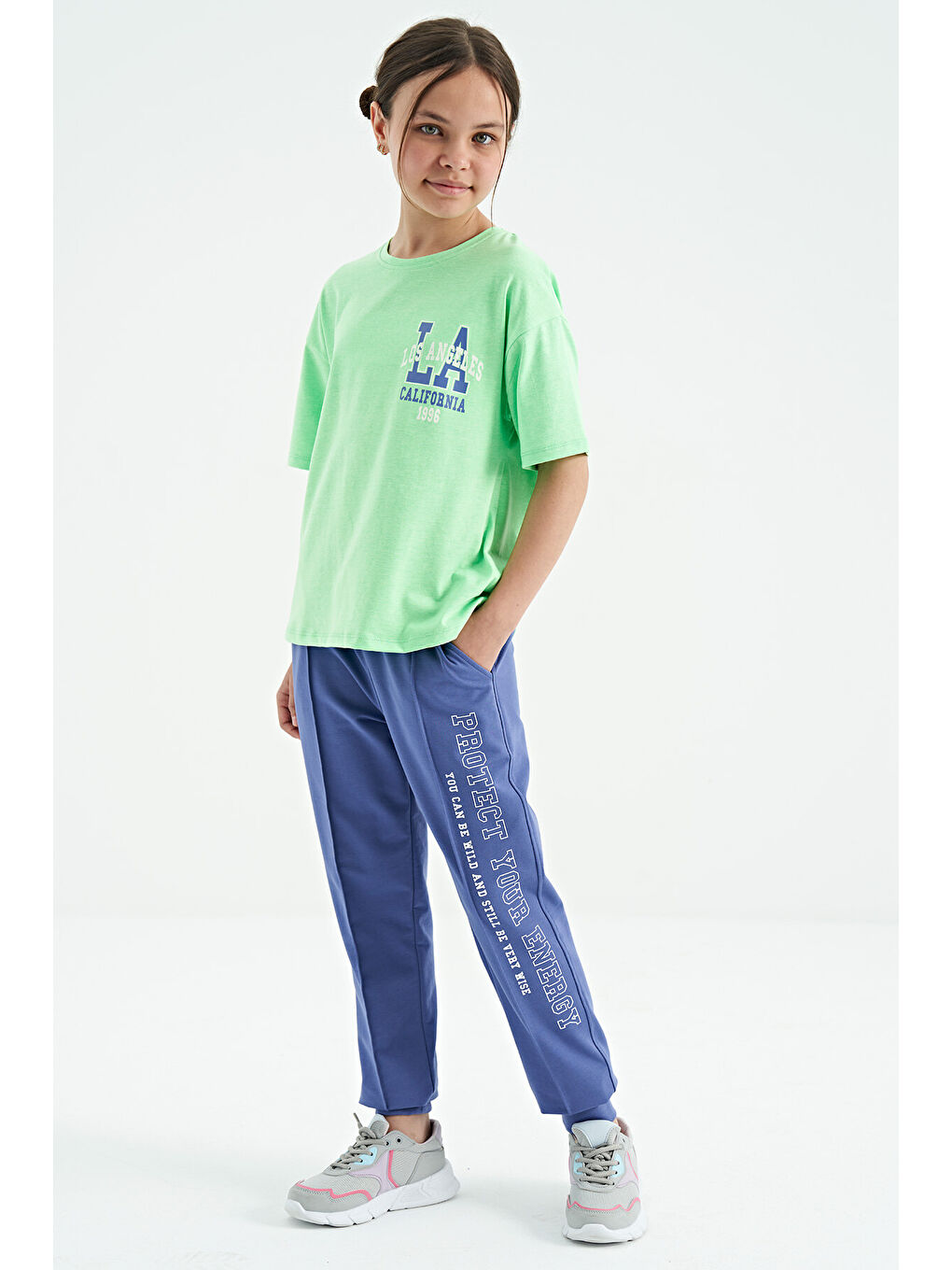 Neon Yeşil Ön Arka Baskılı O Yaka Oversize Kısa Kollu Kız Çocuk Tişört - 75127-3