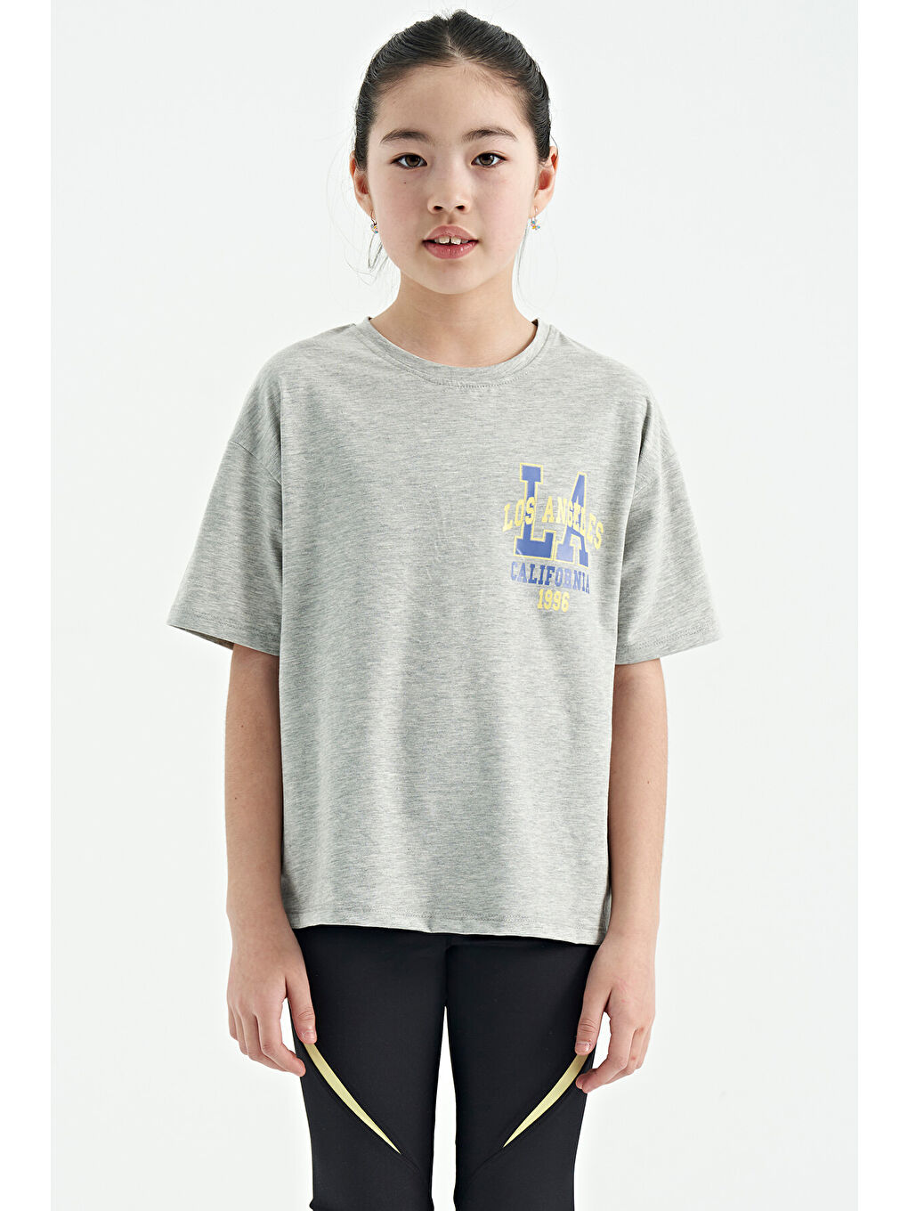 Gri Melanj Ön Arka Baskılı O Yaka Oversize Kısa Kollu Kız Çocuk Tişört - 75127