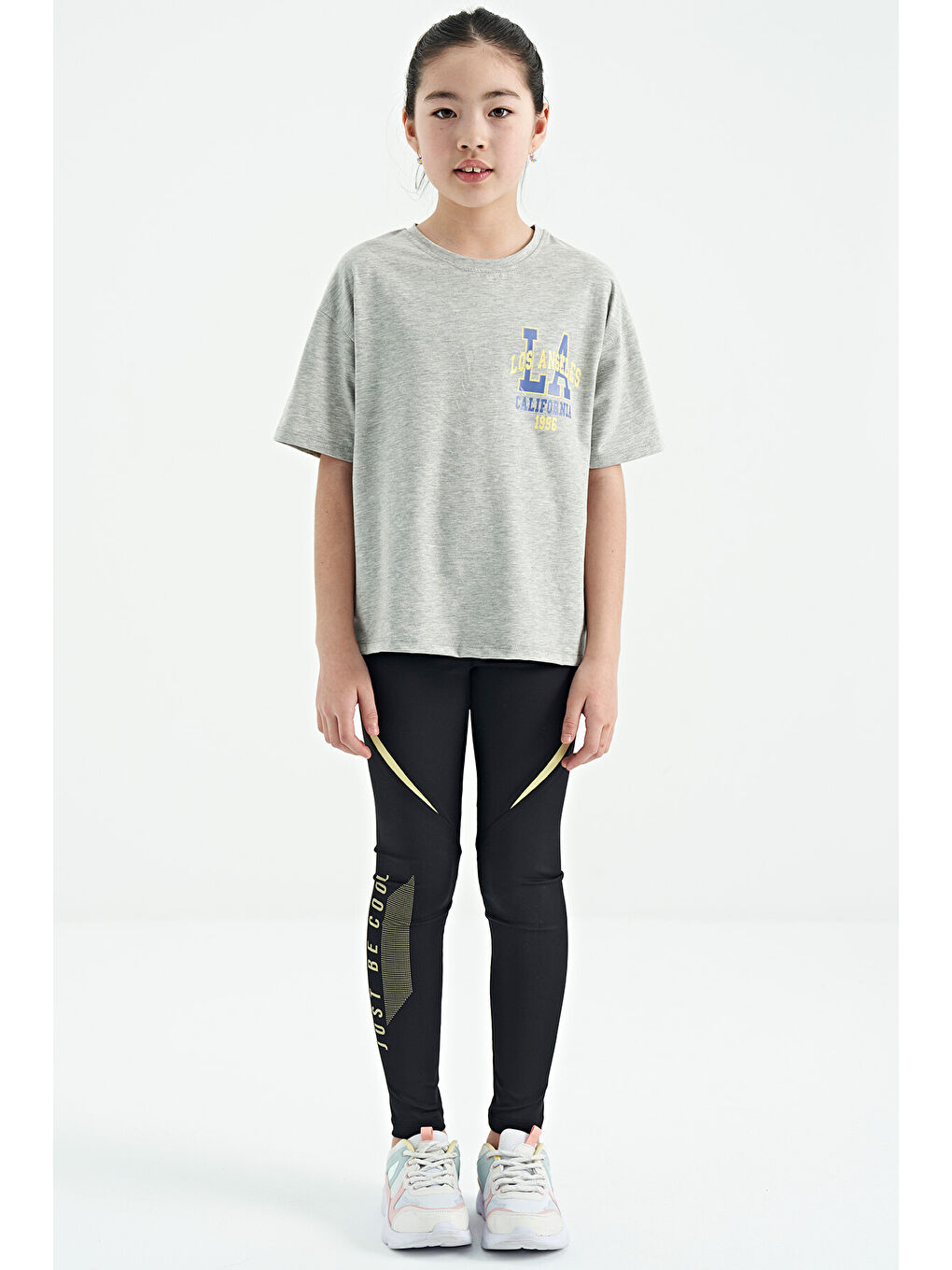 Gri Melanj Ön Arka Baskılı O Yaka Oversize Kısa Kollu Kız Çocuk Tişört - 75127-1