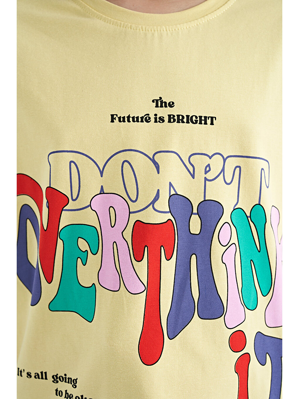 Sarı Renki Yazı Baskılı O Yaka Oversize Kısa Kollu Kız Çocuk Tişört - 75112-2