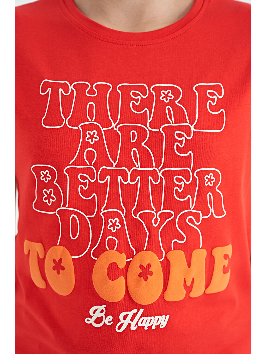 Kırmızı Fiesta O Yaka Yazı Baskılı Rahat Form Kısa Kollu Cropped Kız Çocuk Tişört - 75118-1