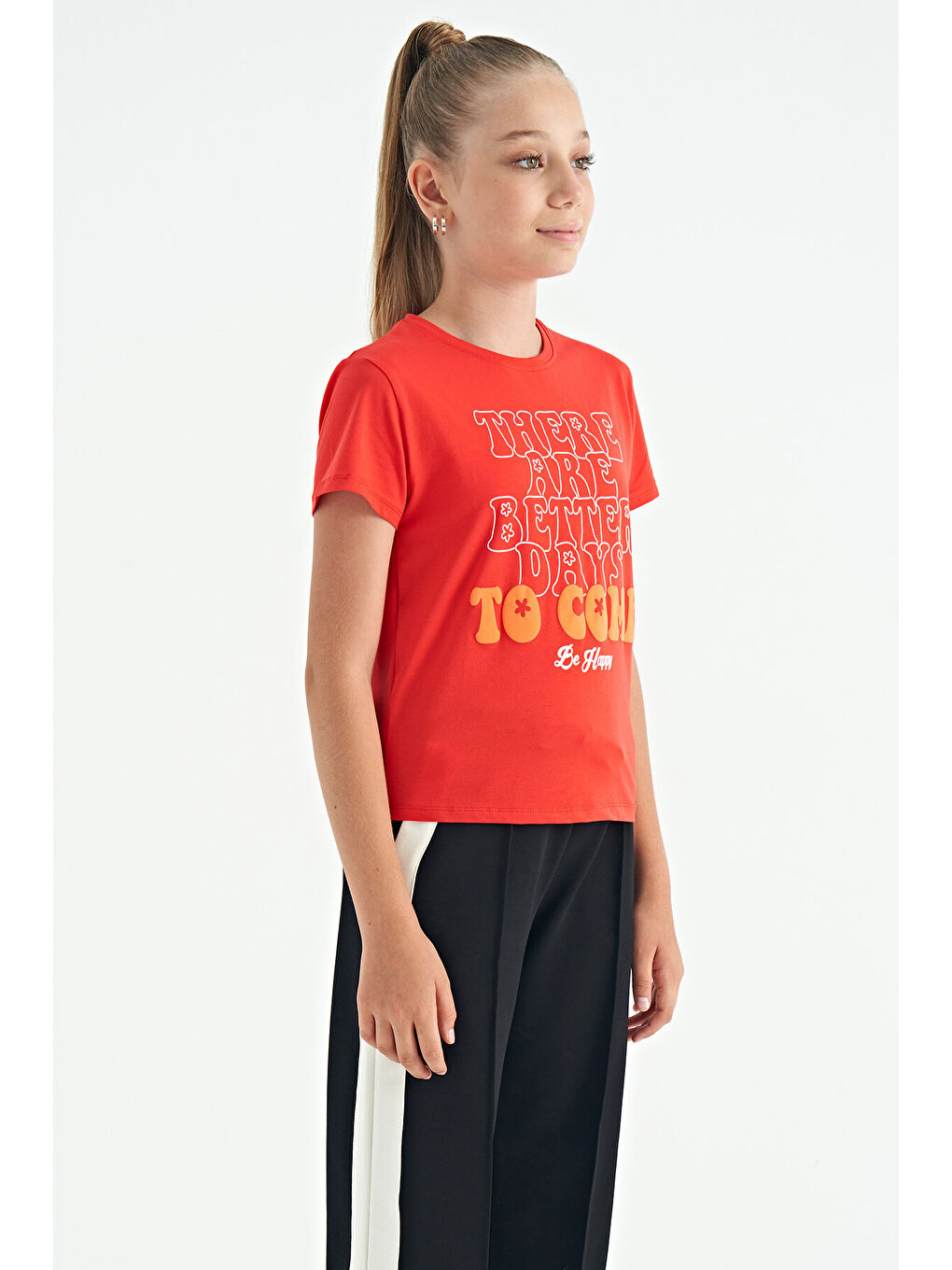 Kırmızı Fiesta O Yaka Yazı Baskılı Rahat Form Kısa Kollu Cropped Kız Çocuk Tişört - 75118-3