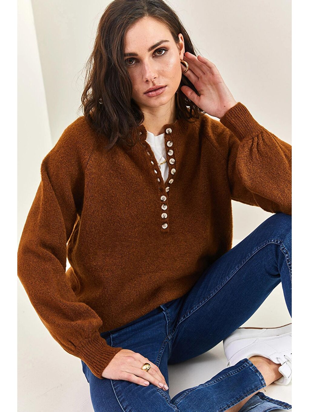 Kahverengi Kadın Yakası İlikli Balıkçı Yaka Çizgili Triko Kazak-2