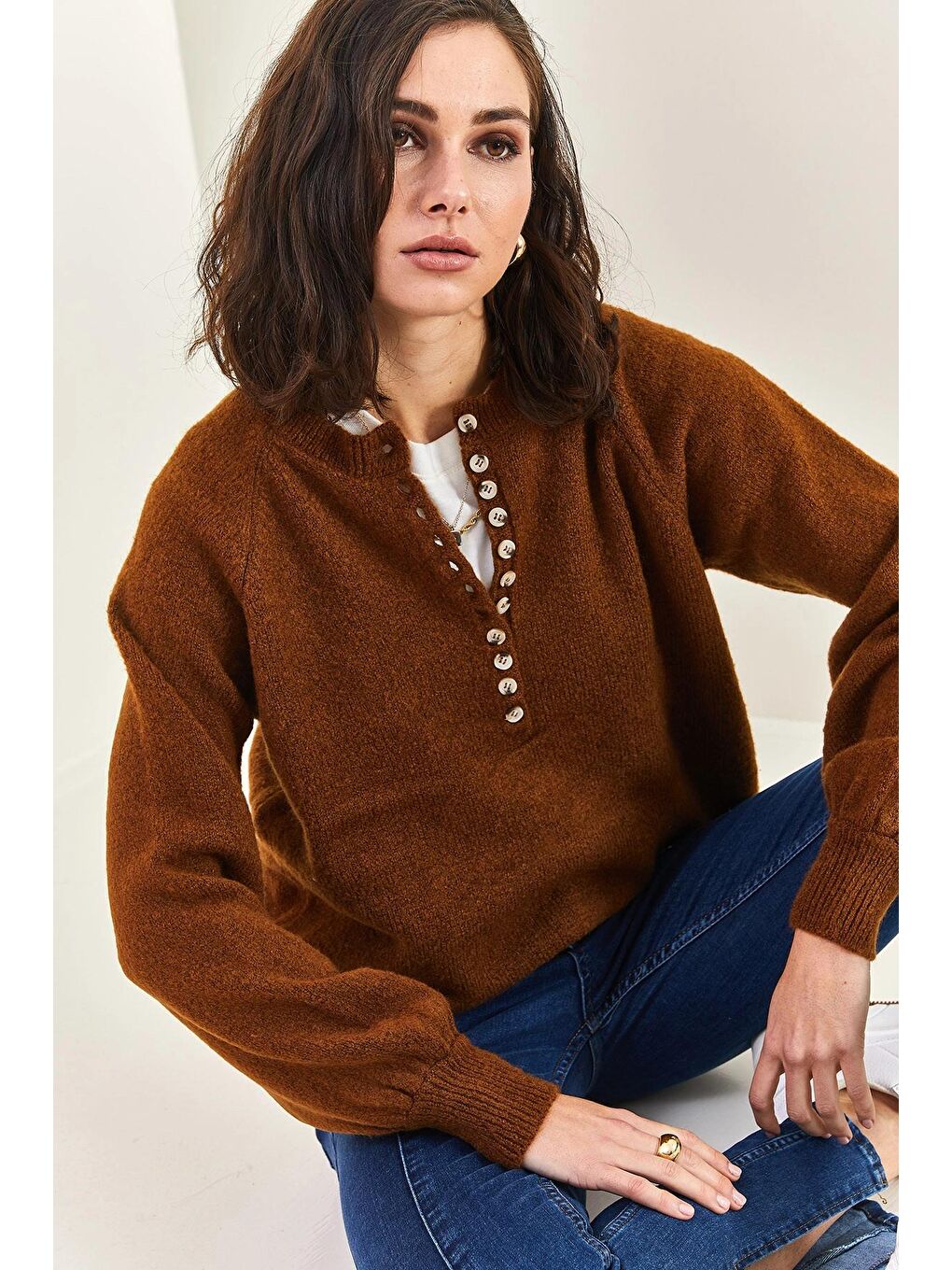 Kahverengi Kadın Yakası İlikli Balıkçı Yaka Çizgili Triko Kazak-3