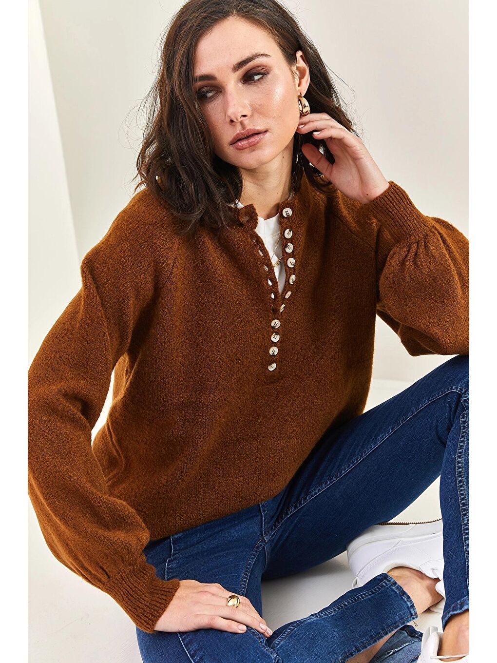 Kahverengi Kadın Yakası İlikli Balıkçı Yaka Çizgili Triko Kazak-4