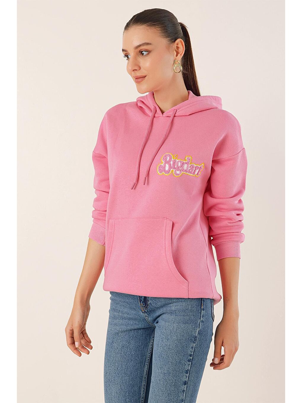 Bigdart Pembe 55424 Nakışlı Oversize Sweeatshirt - Pembe