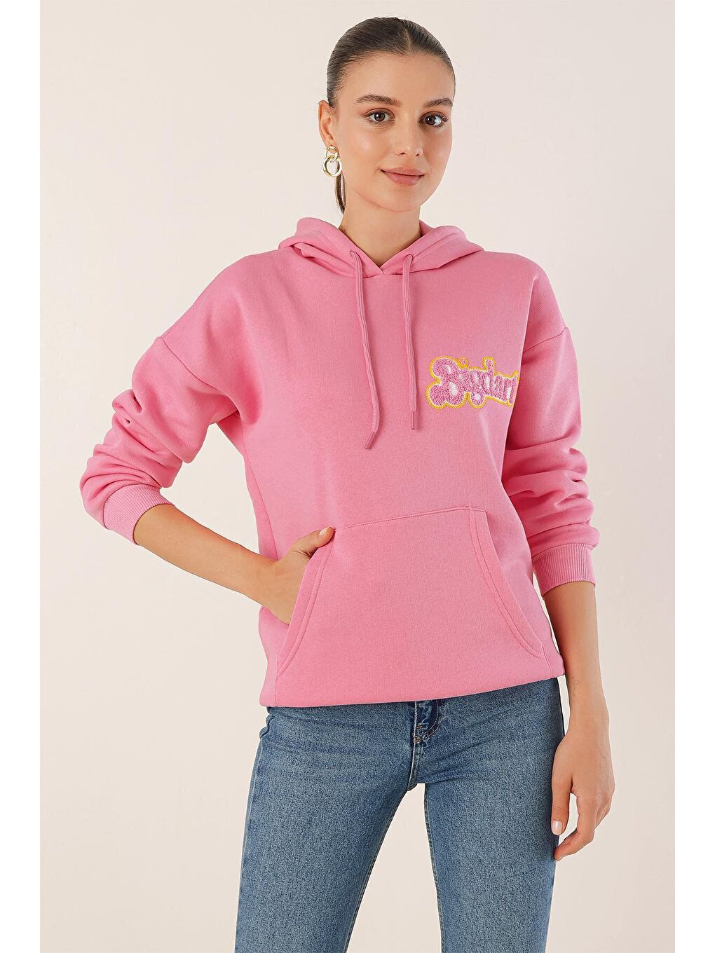 Bigdart Pembe 55424 Nakışlı Oversize Sweeatshirt - Pembe - 2