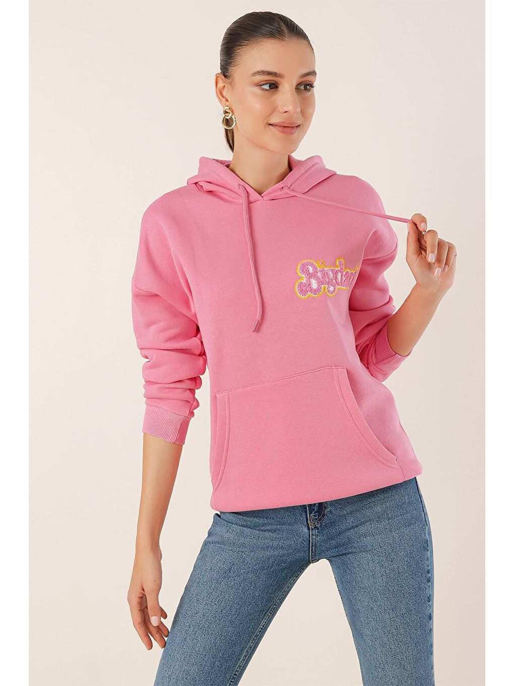 Bigdart Pembe 55424 Nakışlı Oversize Sweeatshirt - Pembe - 3