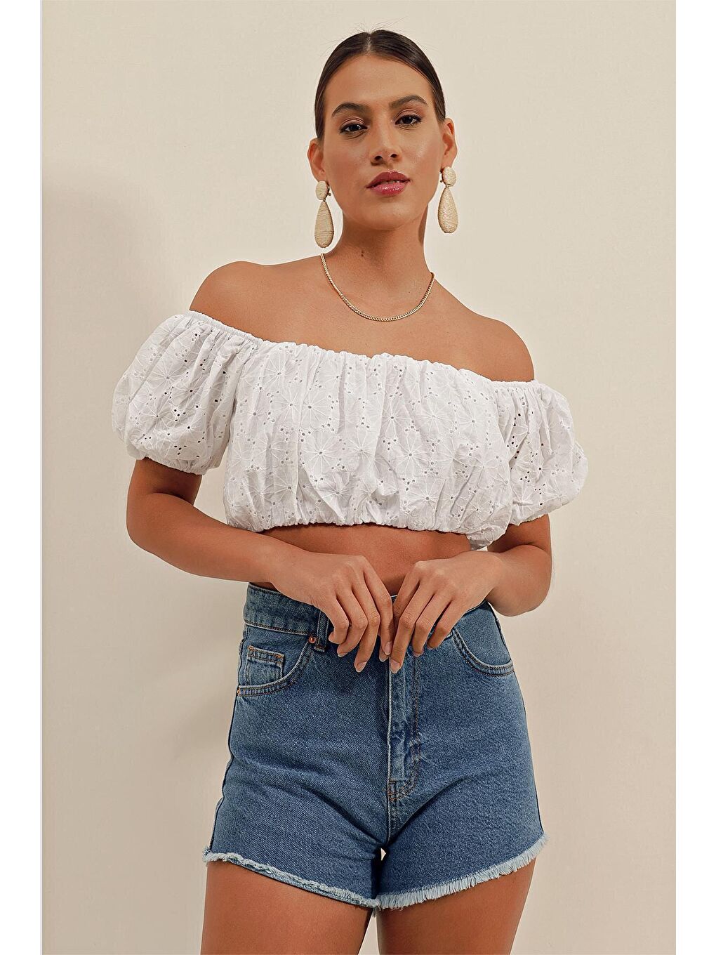 0481 Fistolu Straplez Bluz - Ekru-1