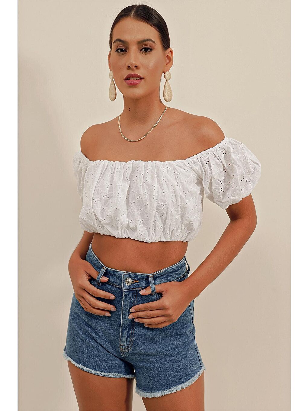 0481 Fistolu Straplez Bluz - Ekru-2