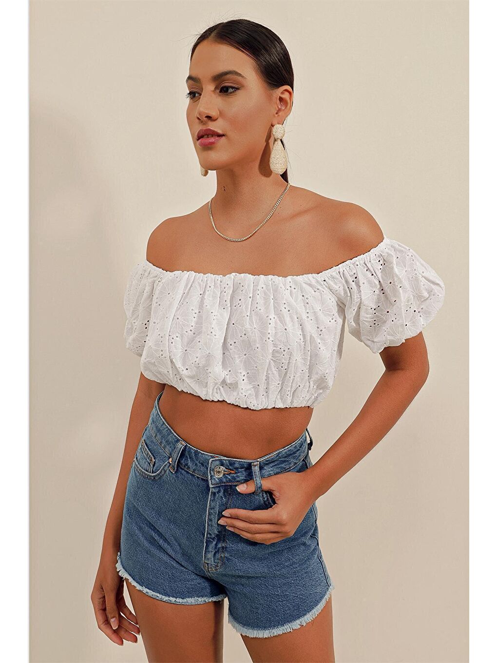 0481 Fistolu Straplez Bluz - Ekru-3