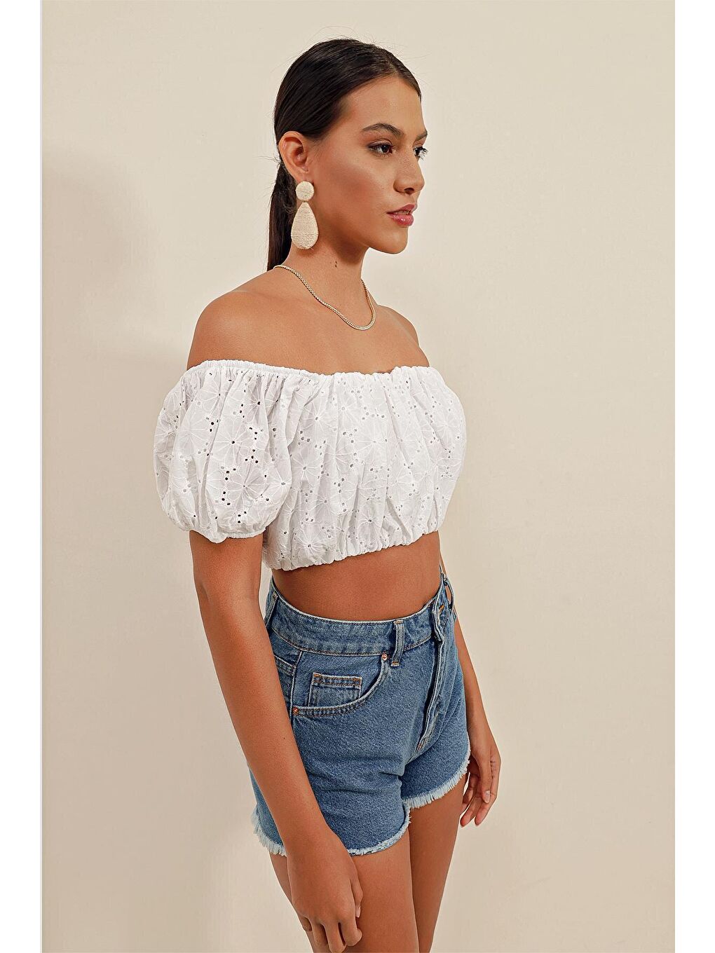 0481 Fistolu Straplez Bluz - Ekru-4