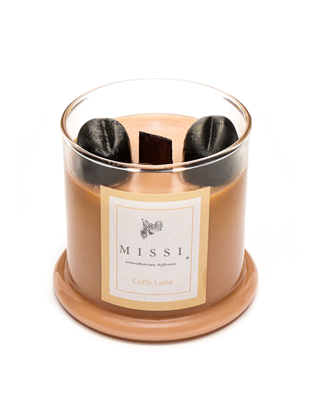 Bej Üfleme Cam Ahşap Fitilli Coffe Latte Vegan Mum(140 gr)-1