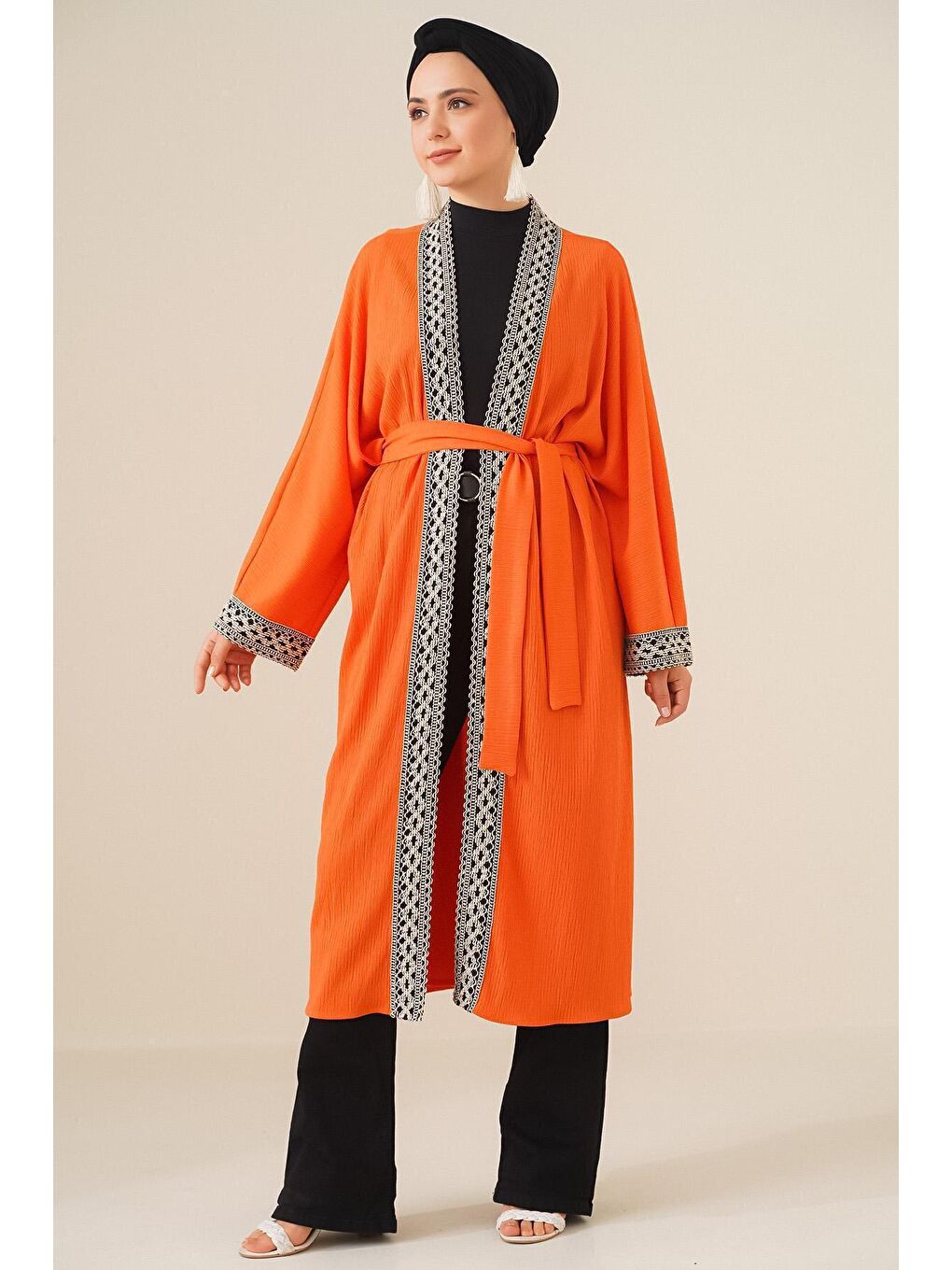 Bigdart 5865 Nakışlı Örme Uzun Kimono - Turuncu - 1