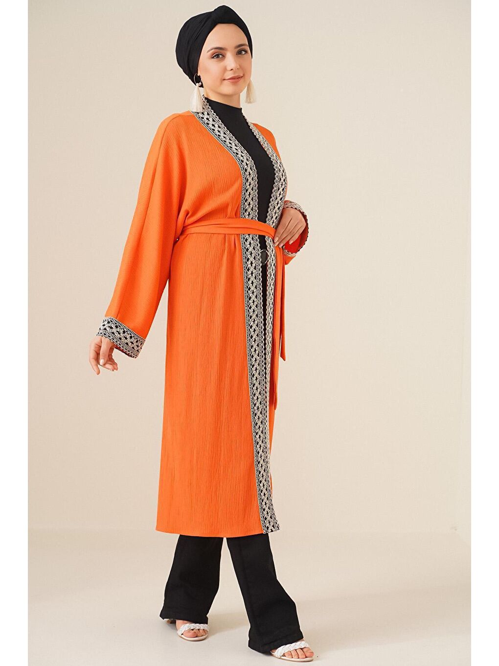 Bigdart 5865 Nakışlı Örme Uzun Kimono - Turuncu - 3