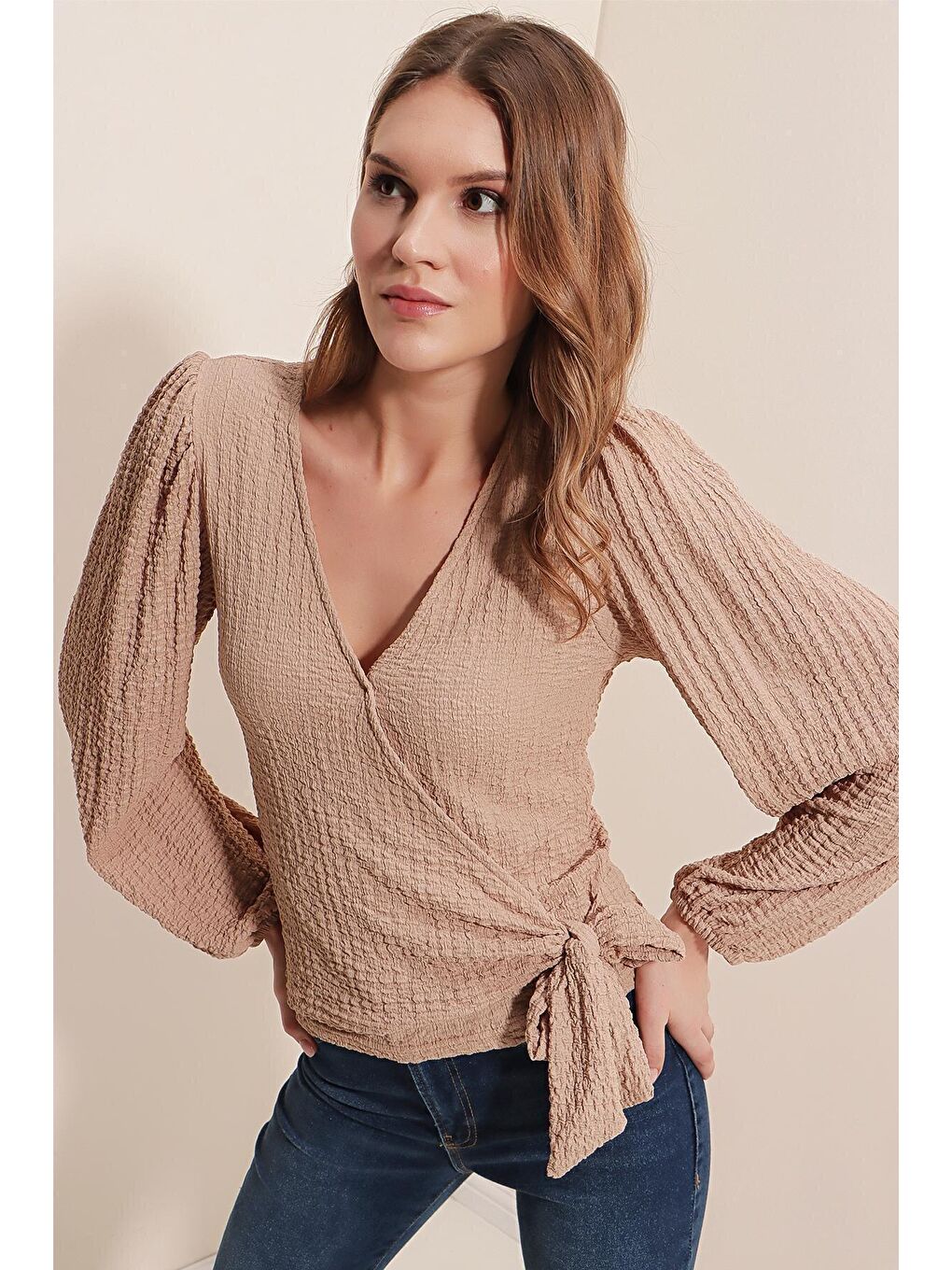 0441  Anvelop Örme Bluz - Bej-1
