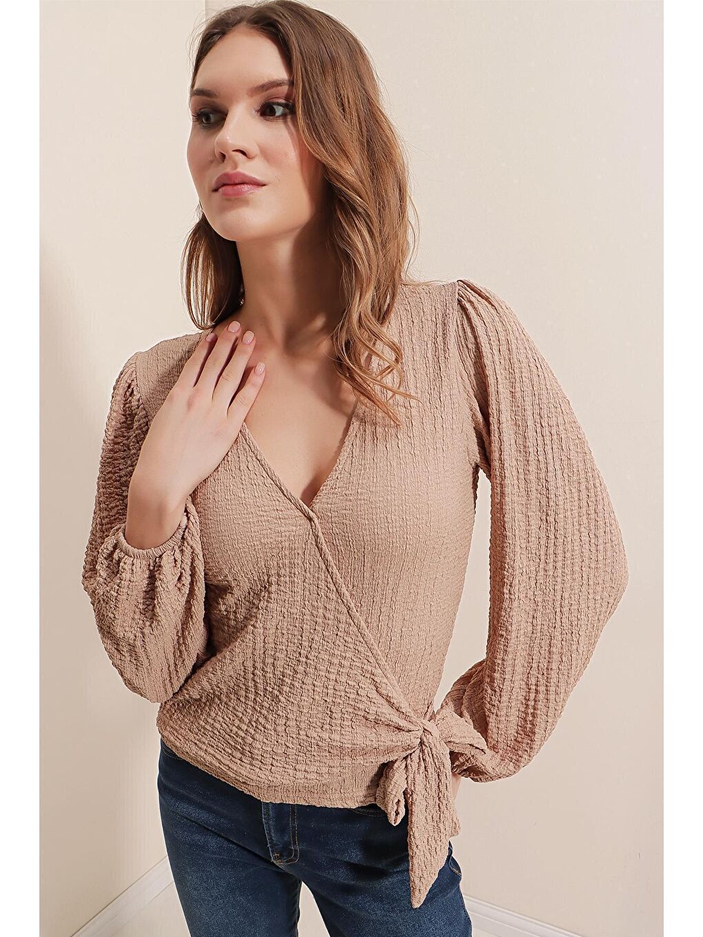 0441  Anvelop Örme Bluz - Bej-2