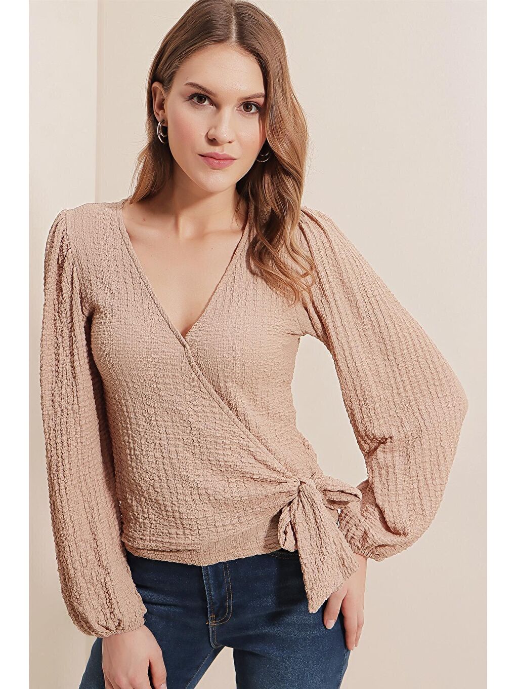 0441  Anvelop Örme Bluz - Bej-3