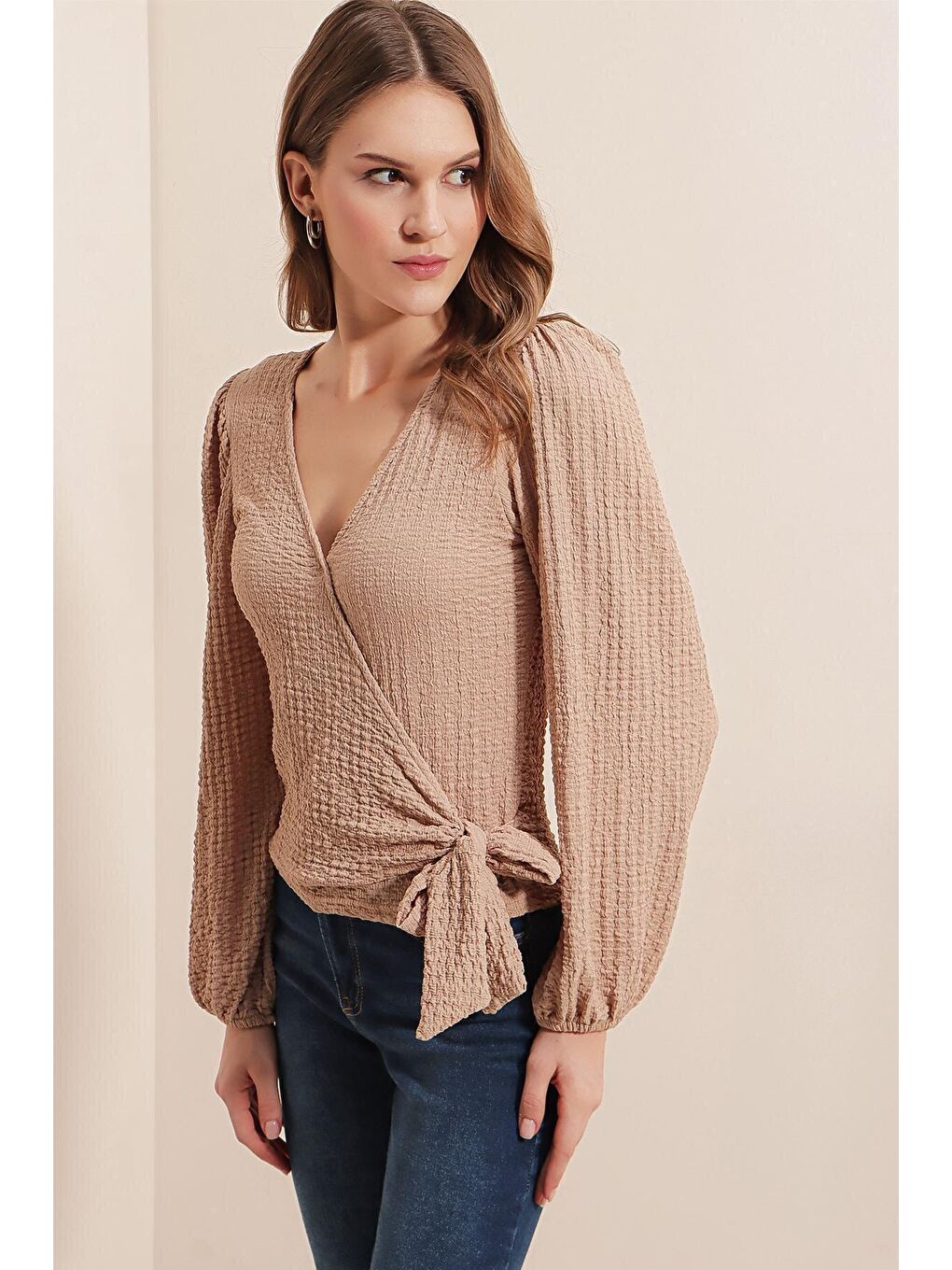 0441  Anvelop Örme Bluz - Bej-4