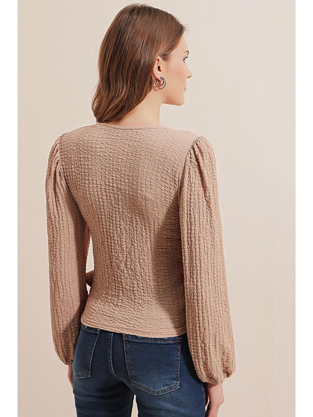 0441  Anvelop Örme Bluz - Bej-5