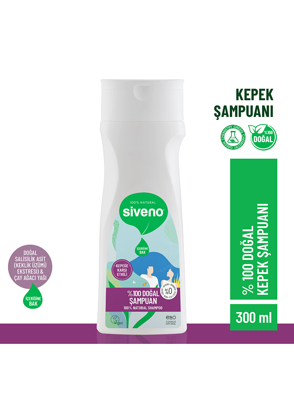 Siveno %100 Doğal Kepeğe Karşı Etkili Şampuan Günlük Bakım Yağlı Saçlar Çay Ağacı Keklik Üzümü Vegan 300 Ml