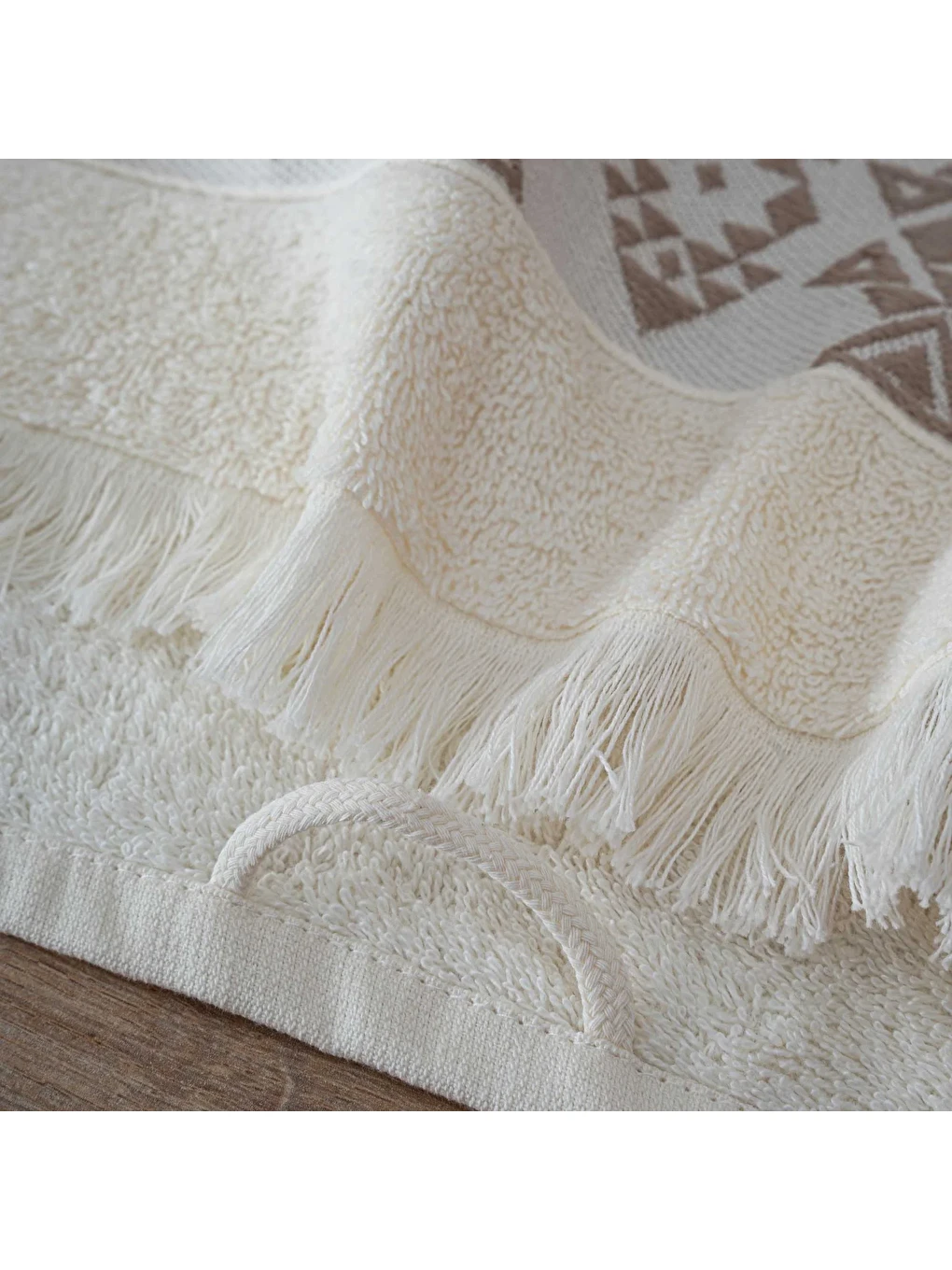 Ekru Hereke 2'li El Yüz Havlusu Seti %100 Pamuk Jakarlı Krem 50x80 Cm-3