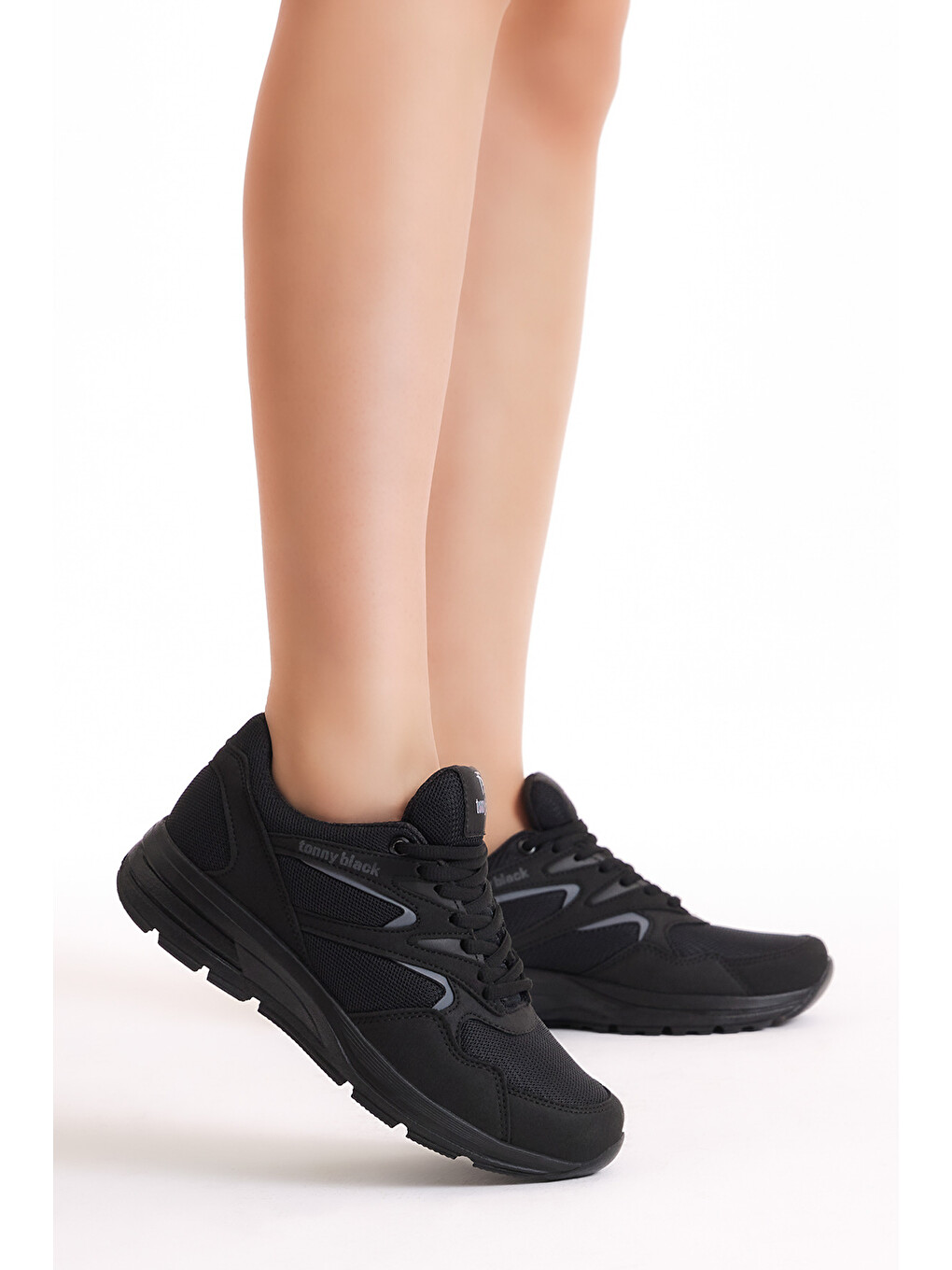 Unisex Siyah Poli Taban Nefes Alabilen Kumaş Bağcıklı Spor Ayakkabı-1