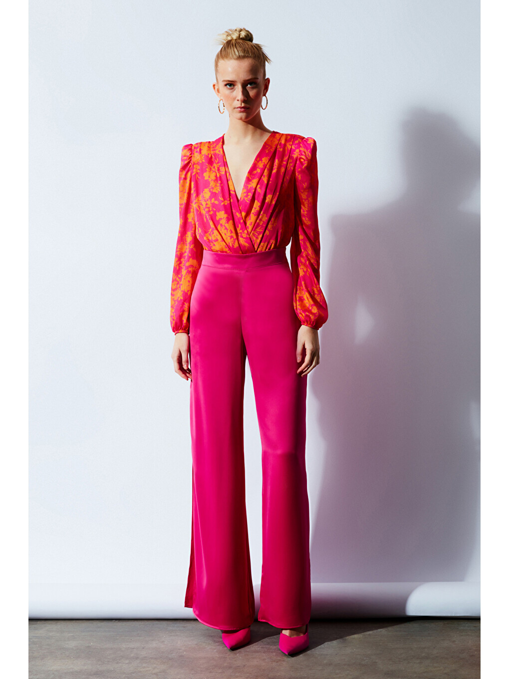 Yırtmaç Detaylı Saten Pantolon - Fuşya-2