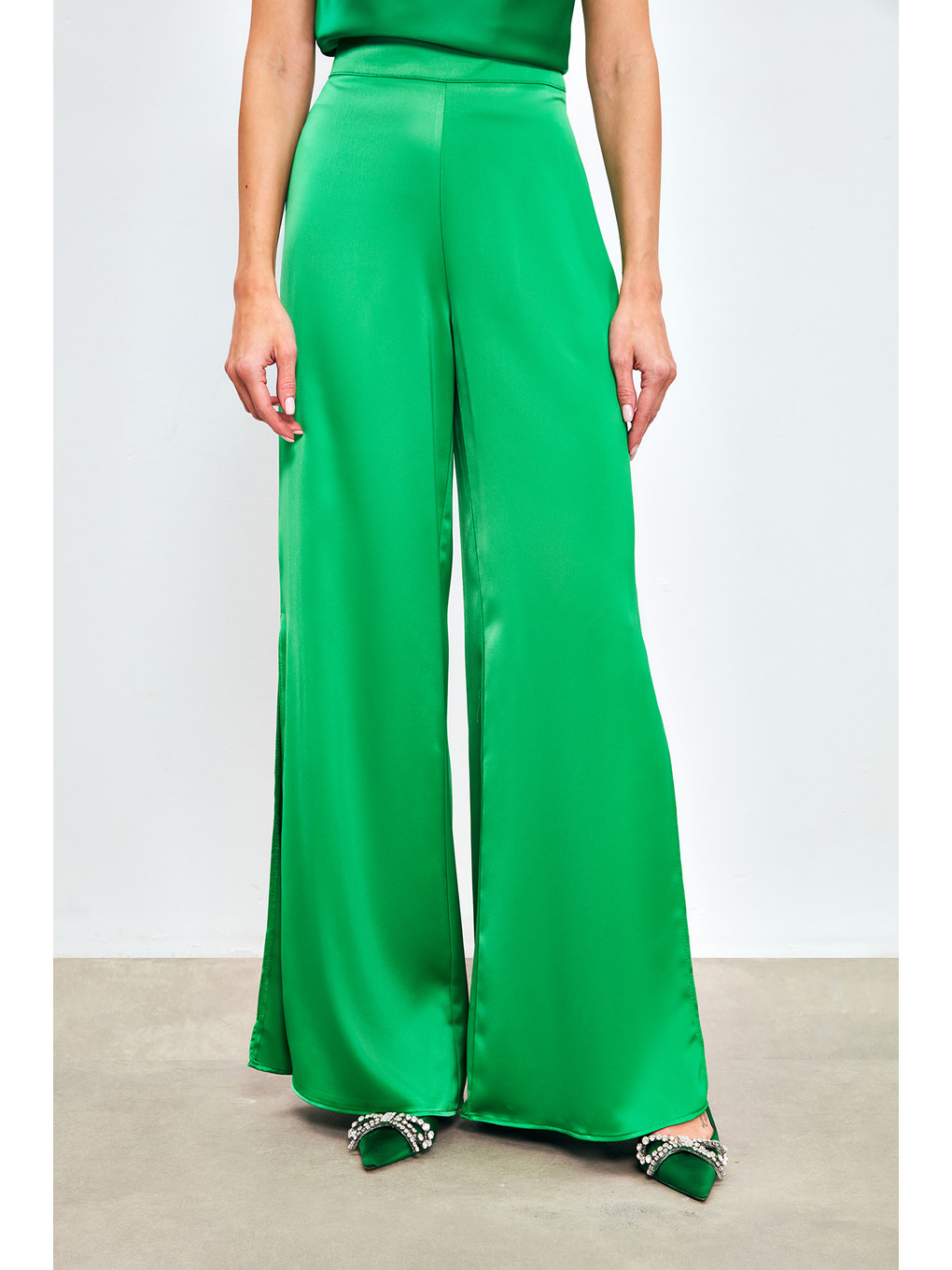 Yırtmaç Detaylı Saten Pantolon - Yeşil-5