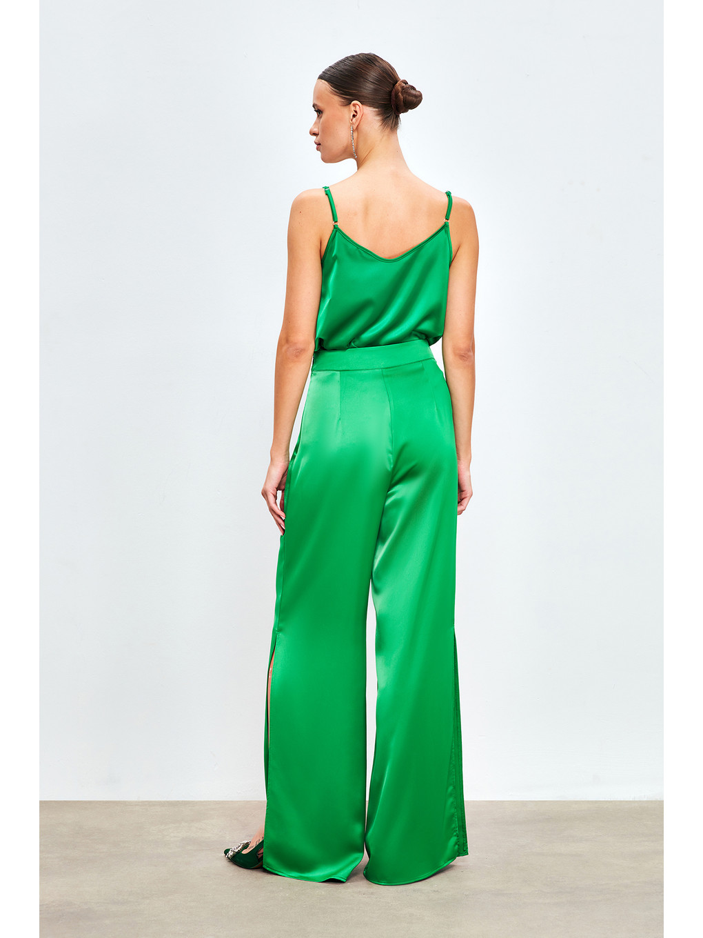 Yırtmaç Detaylı Saten Pantolon - Yeşil-6