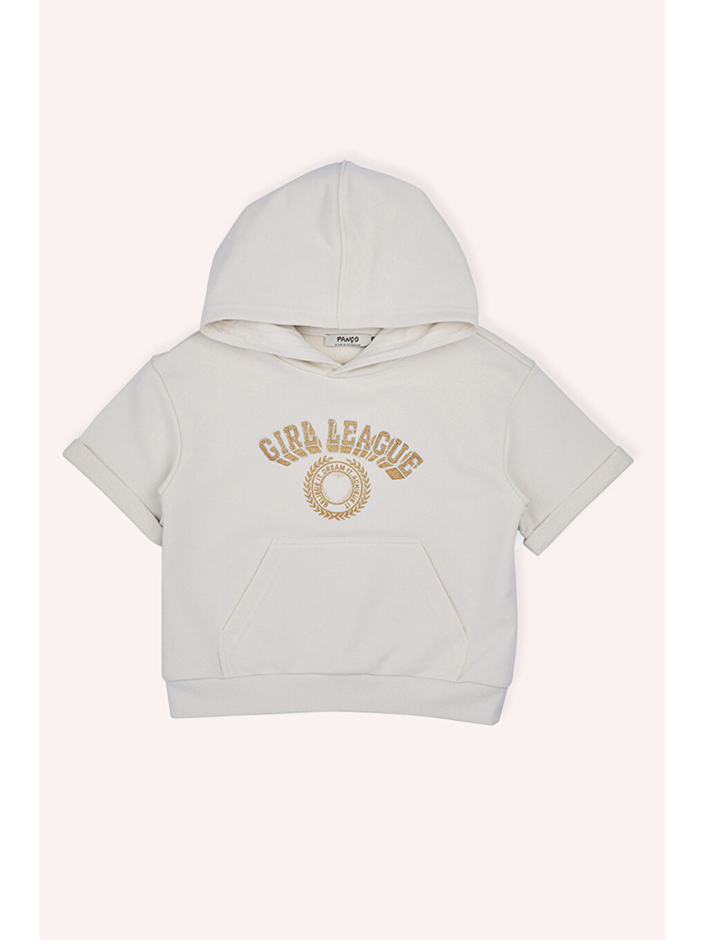Kız Çocuk Kapüşonlu Kısa Kollu Ön Bedeni Simli Nakışlı Cepli Bej Sweatshirt